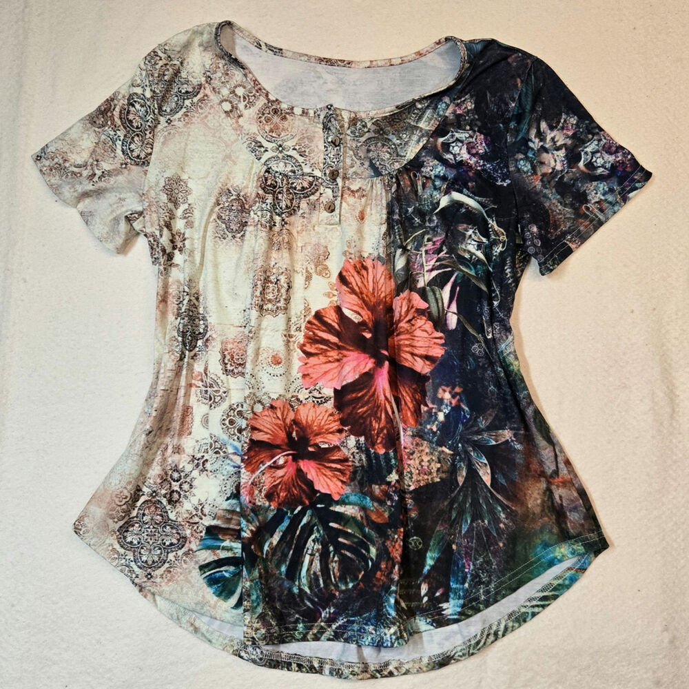 Womens Bohemian Floral Blouse Top Short Sleeve Boho Cottagecore Shirt Casual 2XL